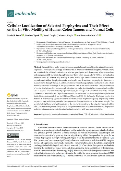 Pdf Cellular Localization Of Selected Porphyrins And Their Effect On