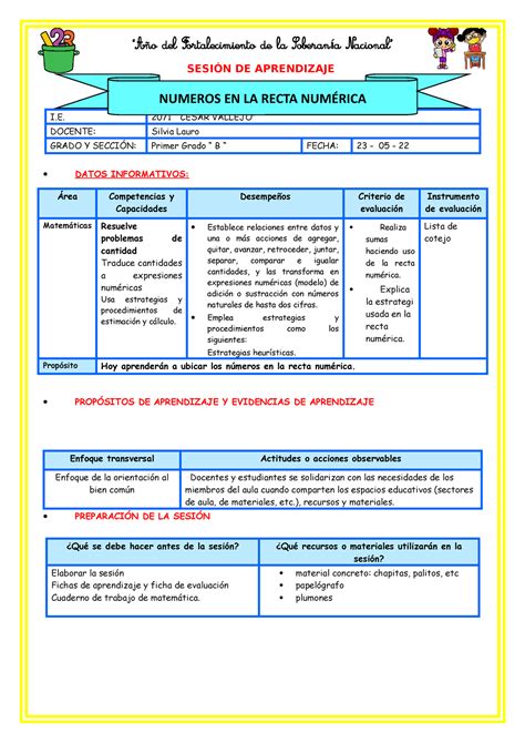 Sesión Recta Numerica SESIÓN DE APRENDIZAJE I 2071 CESAR VALLEJO