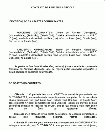 Modelo de Contrato de Parceria Agrícola Terras Terrenos Galpão Cercas