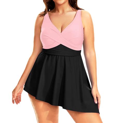 Plus Size Swimsuits For Women Flowy Asymmetrical Hem Swim Dress With Shorts Built In Bathing