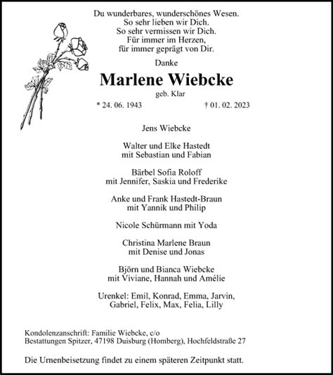 Traueranzeigen Von Marlene Wiebcke Trauer In Nrw De