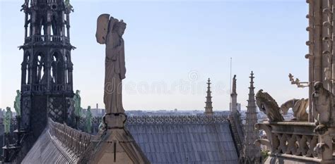 Gargoyles And Statues Of The Roof Of Notre Dame De Paris Stock Photo