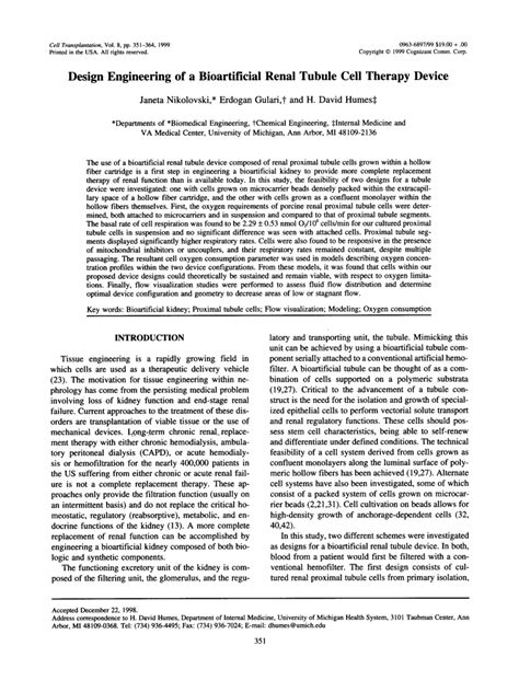 Design Engineering Of A Bioartificial Renal Tubule Cell Therapy Device Request Pdf