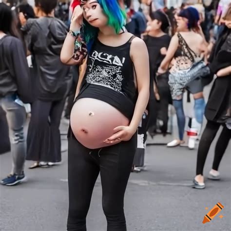 Candid Photo Of A Japanese Punk Girl With A Pregnant Belly At A Street