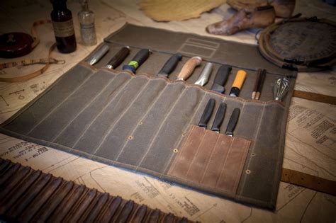 Khaki Heavy Waxed Canvas Knife Roll With Leather Trim Knife Roll