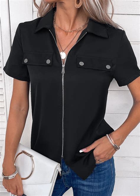 Zipper Black Turn Down Collar Short Sleeve Blouse Usd 22 98