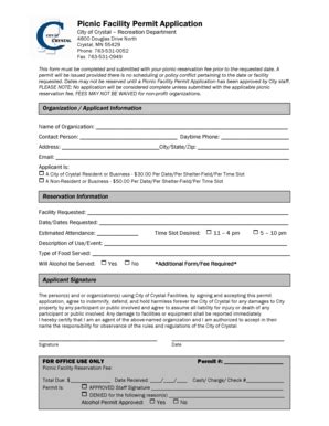 Fillable Online Picnic Facility Permit Application City Of