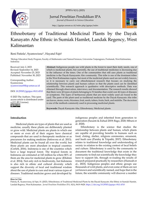 Pdf Ethnobotany Of Traditional Medicinal Plants By The Dayak Kanayatn