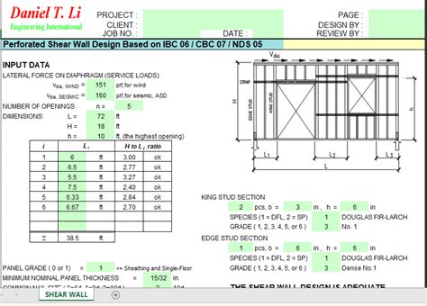 Perforated Shear Wall Design Based On IBC 06 CBC 07 NDS 05 Excel