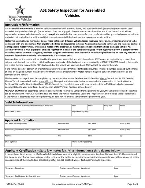 Txdmv Vtr 64 Ase Safety Inspection For Assembled Vehicles