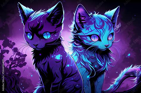 Cats in blue purple colors, generative ai in flat cartoon style Stock ...