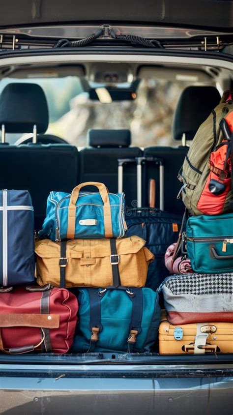 A Car Trunk Filled With Luggage And Suitcases In The Back Ai Stock