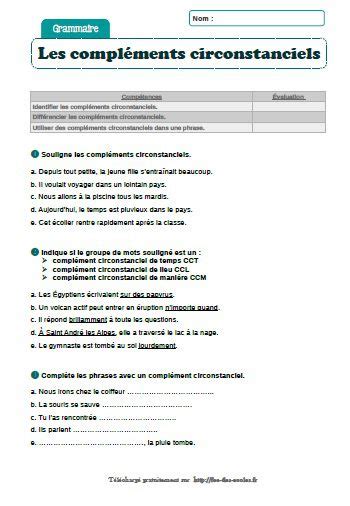 Evaluations Grammaire Les Compl Ments Circonstanciels Cm Cm F E