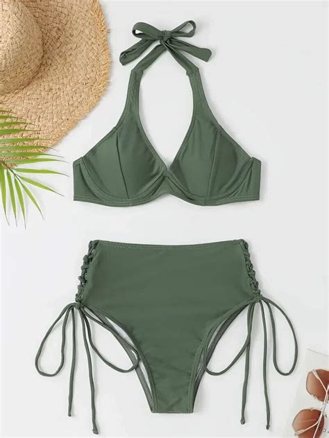 Sexy Lace Up Side Underwire Army Green Bikini Set Halter Neck Criss