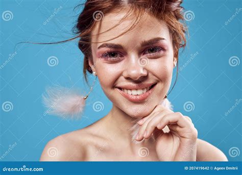 Woman With Bright Makeup On Face Naked Shoulders Luxury Blue Background Stock Photo Image Of