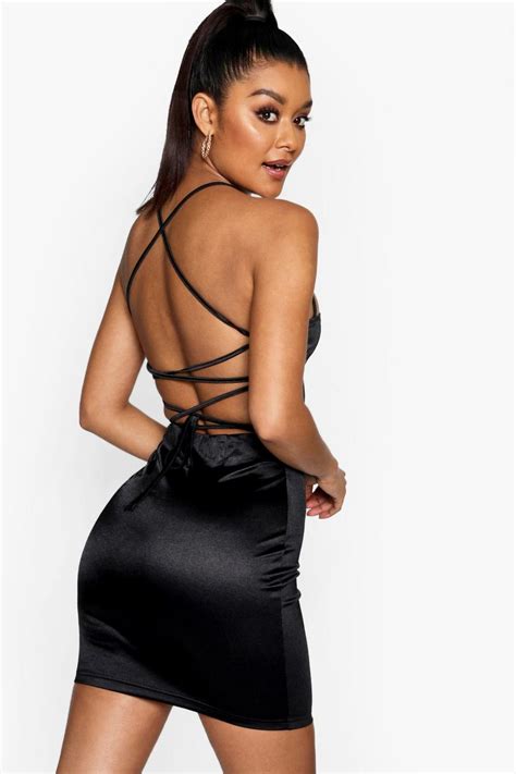 Womens Satin Square Neck Strappy Back Bodycon Dress Boohoo Uk