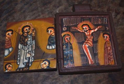 Ethiopian Coptic Christian Painted Icons Hinged Altar Pendant Ethiopia