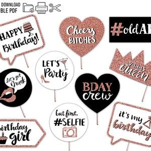 Funny Adult Birthday Printable Photo Booth Props Rose Gold Black And