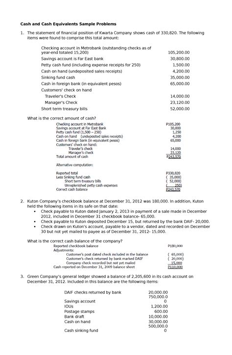 Cash And Cash Equivalents Sample Problem The Following Items Were