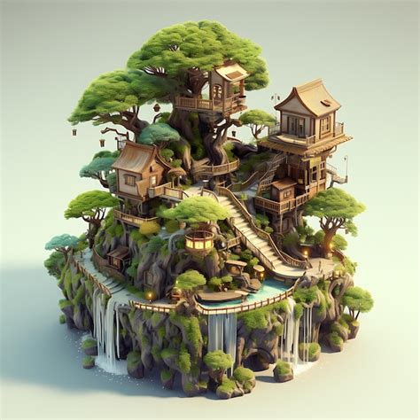 Premium Ai Image D Rendering Of Treehouse City Isometric Miniature