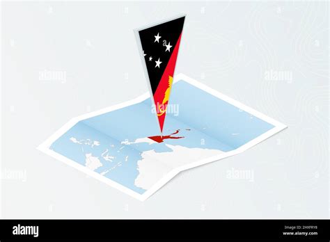 Isometric Paper Map Of Papua New Guinea With Triangular Flag Of Papua