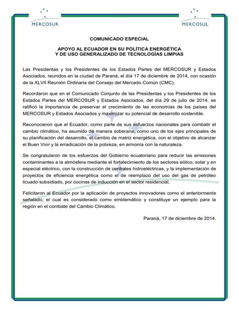 Declaraci N De Apoyo Al Ecuador En Su Pol Tica Energ Tica Y De Uso