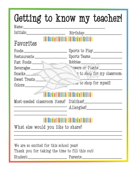 All About My Teacher Teacher Favorite Things Questionnaire Back To