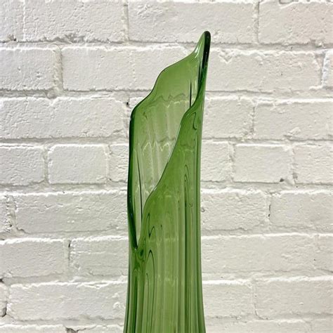 Vintage 1960s Viking Green Floor Vase Ribbed Blown Glass Vase Green