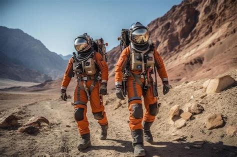 Dos Astronautas Con Trajes Espaciales Caminan Explorando Mar Foto Premium