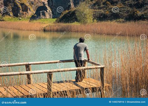 Um Homem Novo Apenas Em Um Lago Retrato Arboleda Do La Pa S Basque