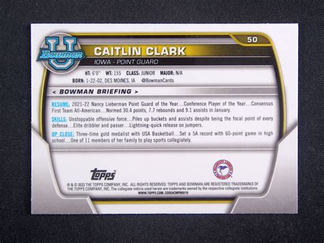 2022 Bowman Chrome University Caitlin Clark 50 Iowa Pink Refractor EBay