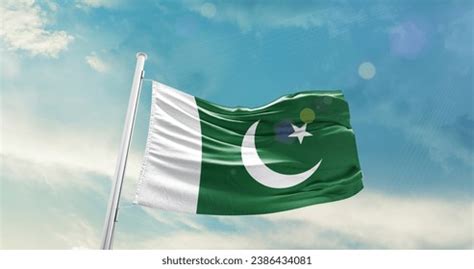 Pakistan National Flag Waving Beautiful Sky Stock Photo