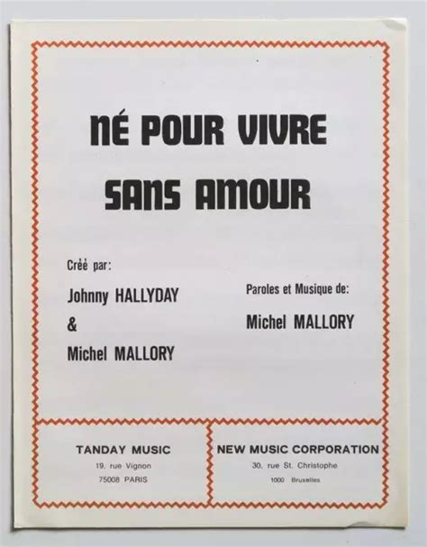 Partition Vintage Sheet Music Johnny Hallyday N Pour Vivre Sans