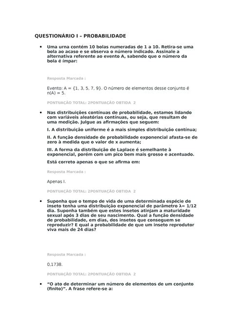 Questionário 1 Resultado QUESTIONÁRIO I PROBABILIDADE Uma urna