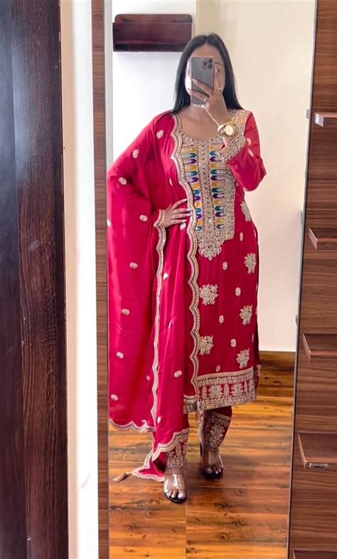 Beautiful Red Color Multi Thread Sequence Work Salwar Suit