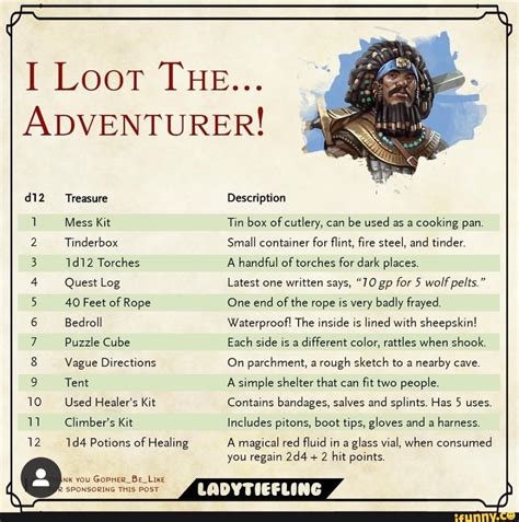 I LOOT THE ADVENTURER 1 2 3 4 5 6 7 8 9 Mess Kit Tinderbox 1d12