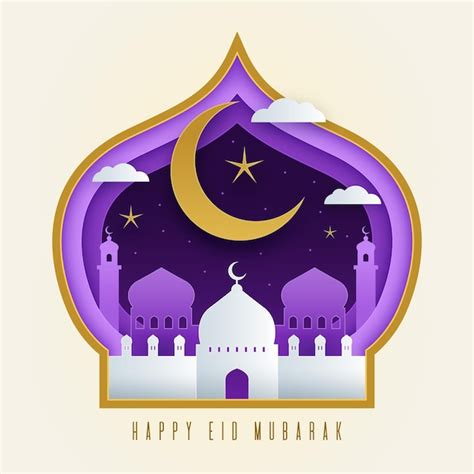 Premium Vector Paper Style Eid Mubarak With Moon And Mosque