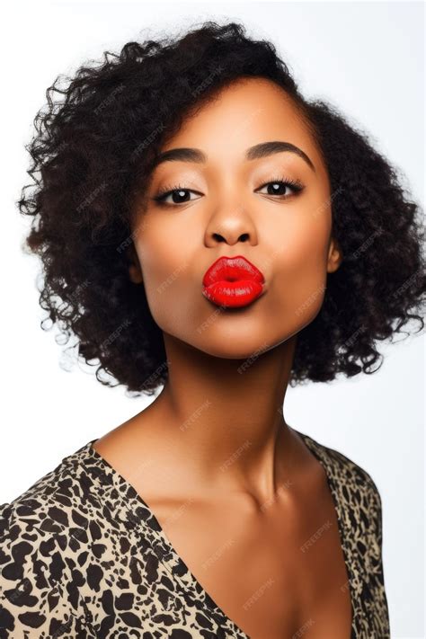 Black Woman Making A Kissy Face With Her Red Lips Isolated On White