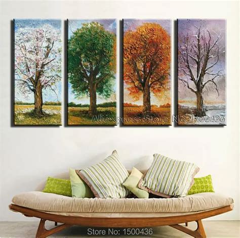 Hand Painted 4 Season Tree Oil Painting Canvas Set 4 Piece Modern