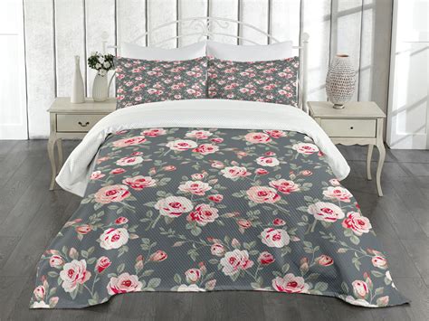 Ambesonne Shabby Flora Quilted Bedspread Set 3 Pcs Rural Buds Vintage