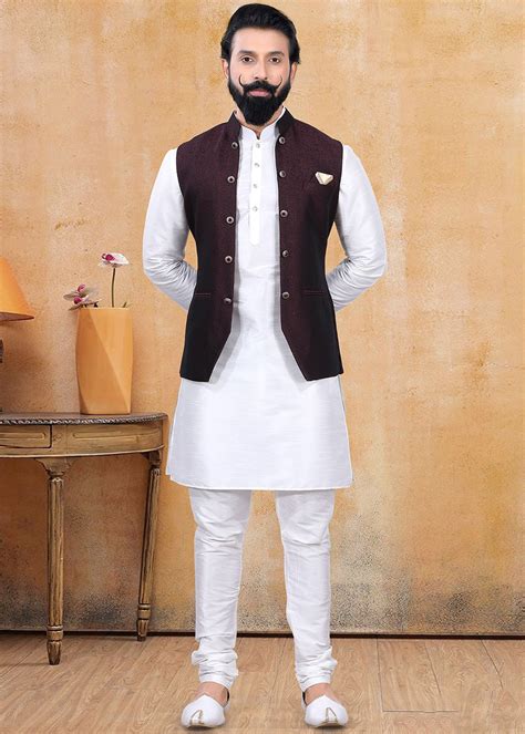 Bespoke White Color Nehru Modi Jacket With Silk Kurta Pajama Set Avail