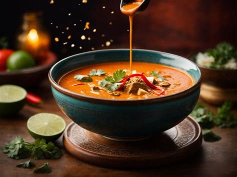 Premium Photo Delicious Thai Red Curry Soup Vibrant Rubyred Broth