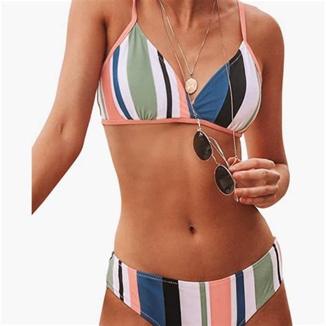 Cupshe Swim Womens Striped Back Hook Closure Bikini Poshmark