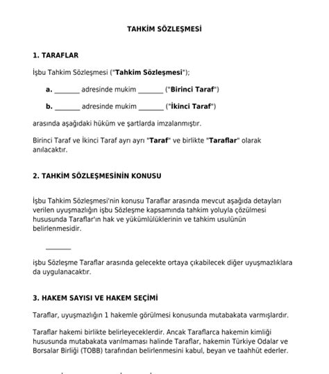 Tahkim Sözleşmesi online örnek şablon Word ve PDF