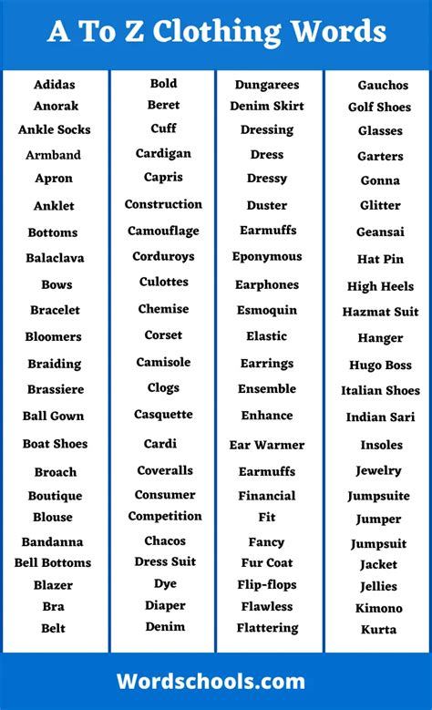 A To Z Clothing Words List- Clothing Vocabulary - Word schools