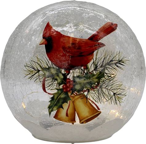 T Essentials Christmas Cardinal With Bells Lighted Globe Crackle Glass Led