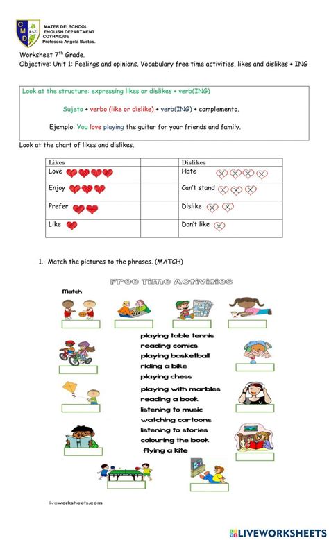 Free Time Activities Likes And Dislikes Matching Free Esl