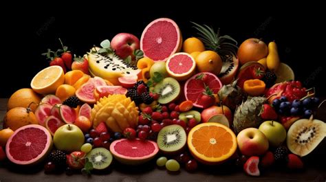 Pile Of Fruit On A Black Background Assortment Of Cut Fruits Hd