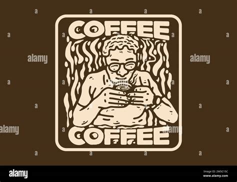 Vintage Art Illustration Drawing Of Man Drinking A Cup Of Coffee Stock