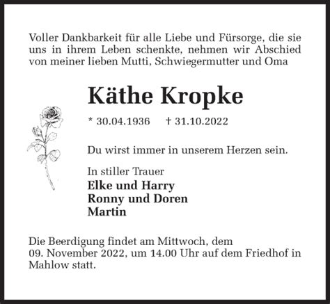 Traueranzeigen von Käthe Kropke trauer anzeigen de